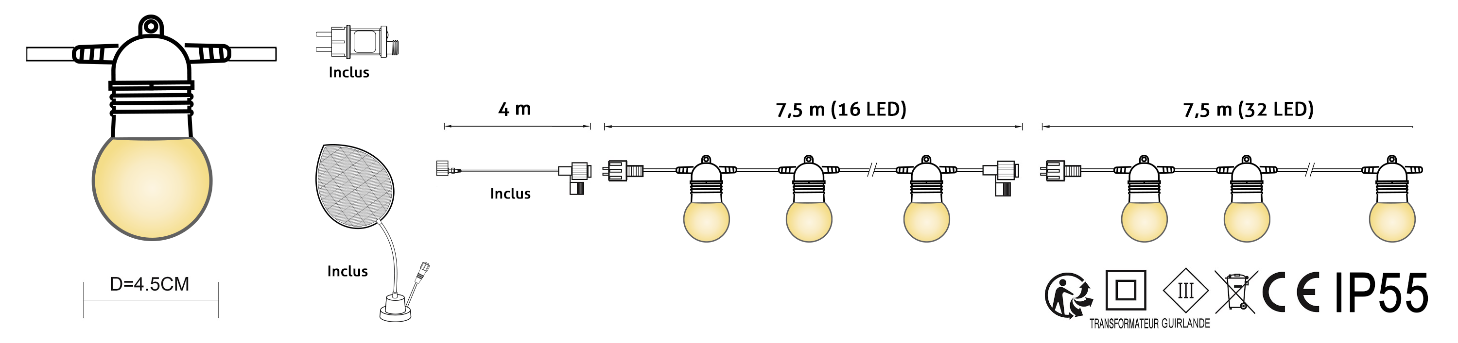 Dimensions Guinguette Vintage avec adaptateur secteur