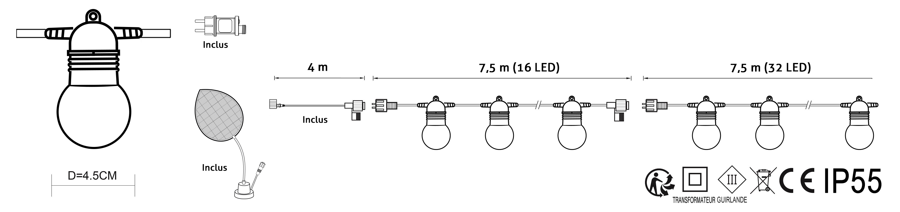 Dimensions Guinguette White avec adaptateur